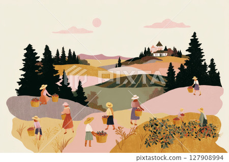 Harvesters enjoying a sunny day berry picking in rolling hills, carrying baskets filled with fresh fruit. Surrounding scenery features colorful fields and lush greenery 127908994