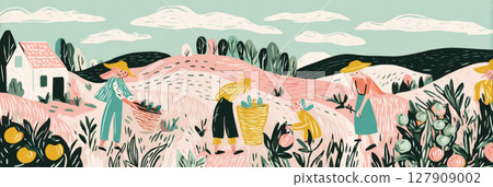 Groups of friends enjoy a sunny day in the countryside, collecting ripe berries while walking along a picturesque path lined with colorful plants and trees, banner Groups of friends enjoy a sunny day in the countryside, collecting ripe berries while walking along a picturesque path lined with colorful plants and trees, banner 127909002