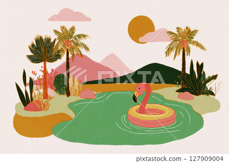 A vibrant backyard features a round inflatable water pool adorned with a pink flamingo float. Lush plants and trees create a serene environment perfect for summer relaxation and fun A vibrant backyard features a round inflatable water pool adorned with a pink flamingo float. Lush plants and trees create a serene environment perfect for summer relaxation and fun 127909004