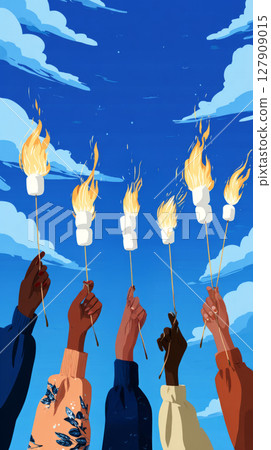 Enjoying the warm glow of a campfire, hands hold sticks with golden-brown marshmallows as friends share laughter and stories during a cozy night outdoors under a beautiful sky 127909015
