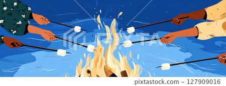 Groups of hands holding sticks roast marshmallows over a vibrant campfire on a warm summer evening. Laughter fills the air as friends enjoy the experience together outdoors 127909016