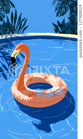 Bright inflatable flamingo floats serenely in a round water pool surrounded by lush greenery, capturing a tranquil summer afternoon in a private backyard setting 127909024