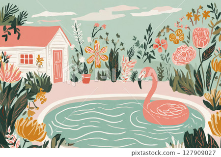 Bright inflatable water pool sits in a backyard filled with flowers, featuring a playful flamingo. This cheerful setting is illuminated by the warm sun, ideal for summer relaxation 127909027