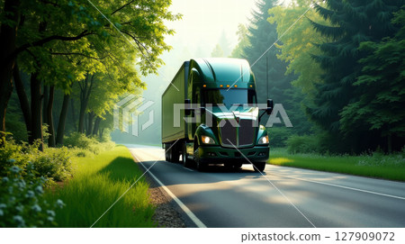 A large, dark-green semi-truck travels in the forest 127909072