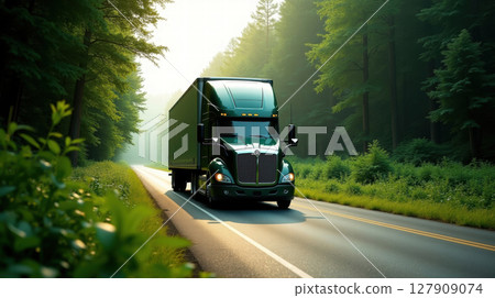 A large, dark-green semi-truck travels in the forest 127909074