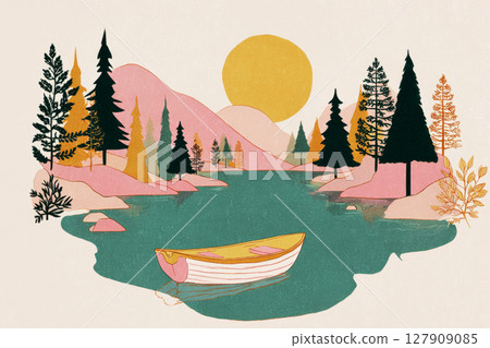 A small boat rests on calm water, surrounded by a picnic setup featuring food and drinks, set against a stunning sunset and lush greenery in the background A small boat rests on calm water, surrounded by a picnic setup featuring food and drinks, set against a stunning sunset and lush greenery in the background 127909085