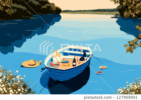 A small boat floats on calm waters, beautifully arranged with a picnic setup including snacks and drinks, creating a serene atmosphere ideal for relaxation 127909091