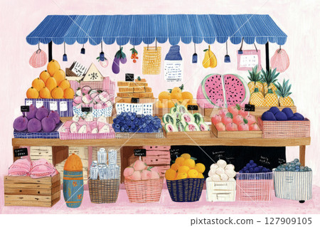 A lively local market showcases an array of colorful fruits stacked in wooden crates. A vendor interacts with the produce while flowers add charm to the vibrant surroundings A lively local market showcases an array of colorful fruits stacked in wooden crates. A vendor interacts with the produce while flowers add charm to the vibrant surroundings 127909105