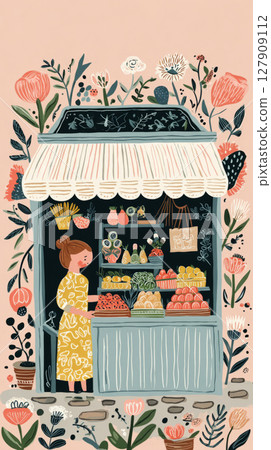 Brightly colored market features a variety of fresh fruits displayed prominently on wooden shelves. Surrounding flowers and whimsical buildings enhance the lively atmosphere of the locale 127909112