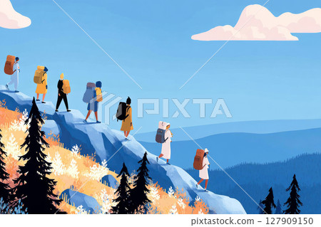 Groups of hikers ascend a rocky trail, wearing backpacks and exploring the landscape amidst vibrant greenery and bright blue skies under a sunny atmosphere 127909150