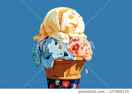 An enticing ice cream cone stands tall with three colorful scoops reflecting sunshine. The sweet treat features a mix of flavors, perfect for a hot summer day 127909170