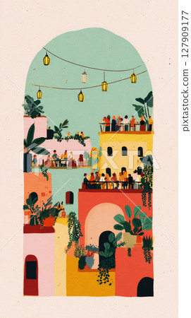 Friends enjoy a lively gathering on a colorful city rooftop adorned with plants and string lights, creating a warm atmosphere as they share stories and laughter in the evening 127909177