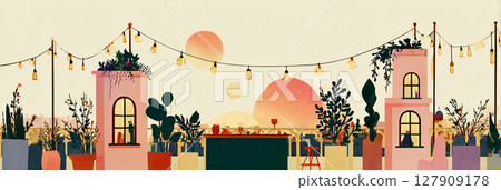 A lively group of friends relaxes on a city rooftop adorned with string lights and greenery, enjoying a pleasant evening together with an urban backdrop, banner 127909178