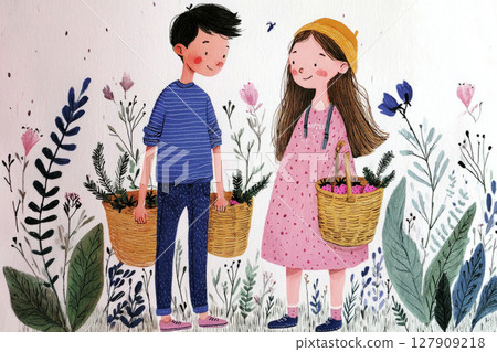 Children are happily picking strawberries in a colorful field filled with various flowers 127909218