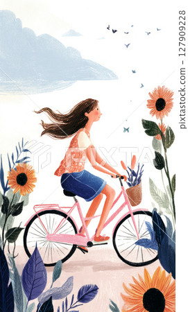 A girl joyfully rides her pink bike through a field adorned with towering sunflowers. Her hair flows in the breeze as she embraces the beauty of nature on a sunny day 127909228