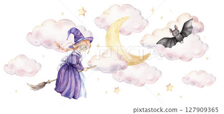 Watercolor hand drawn illustration of the magic fairy and cute black bat for Halloween on clouds with stars and moon. Pastel witch with red hair on a broomstick for kids greeting cards or other design 127909365