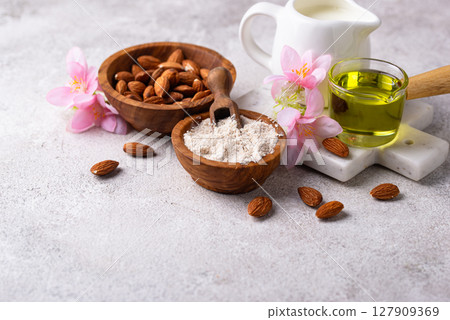 Almond alternative milk, oil and flour 127909369