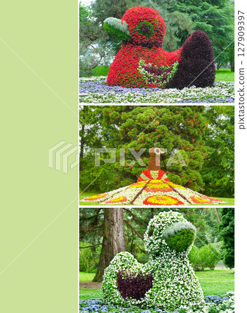 Floral figures of ducks and a peacock with luxurious flowers on the island of Mainau, Germany. Collage. Free space for text. Floral figures of ducks and a peacock with luxurious flowers on the island of Mainau, Germany. Collage. Free space for text. 127909397