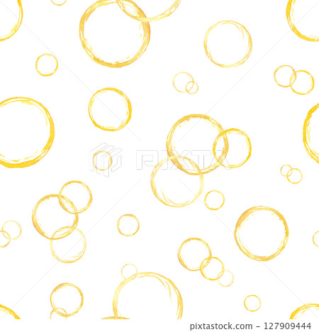 Seamless watercolor pattern with chaotic flying thin yellow circles isolated background. Hand painted juice silhouette illustration for joyful packaging, kids room decor, stationery design Seamless watercolor pattern with chaotic flying thin yellow circles isolated background. Hand painted juice silhouette illustration for joyful packaging, kids room decor, stationery design 127909444