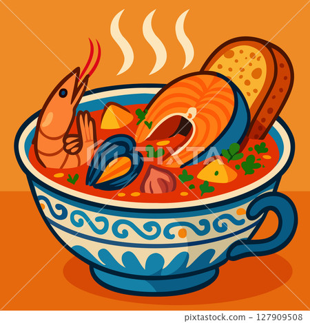 Bouillabaisse soup. Bright vector illsutration. Traditional French cuisine. Mediterranean fish soup Bouillabaisse soup. Bright vector illsutration. Traditional French cuisine. Mediterranean fish soup 127909508