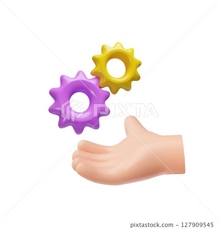3D vector of hand holding two gears in purple and yellow. 3D vector of hand holding two gears in purple and yellow. 127909545