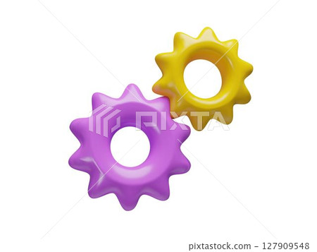 Vector 3D gear mechanism icon with purple and yellow cog. 127909548
