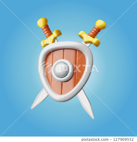 Protective medieval knight shield with two swords 3D cartoon plastic style vector, game armor ammunition and weapon 127909552
