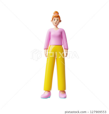 3D cartoon woman with red hair tied in a bun, pink shirt and yellow pants standing. 127909553