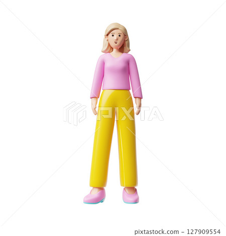 Beautiful blond woman 3d plastic style vector icon, cartoon smiling lady wear pink blouse and yellow pants full height 127909554