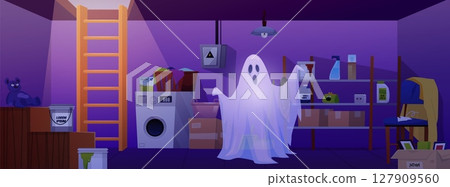 Dark basement room interior with ghost, phantom, vector flat storage home cellar with wooden stairs, shelves, laundry 127909560