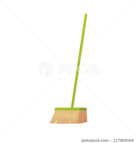 Green broom, sweeping tool for cleaning, collect trash and dirt vector flat icon, cartoon household cleaning equipment Green broom, sweeping tool for cleaning, collect trash and dirt vector flat icon, cartoon household cleaning equipment 127909564