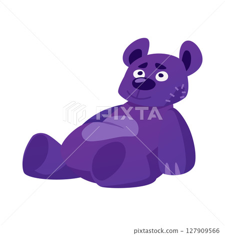 Old teddy bear with patches, cartoon animal doll, lonely thrown sad plush bear toy sitting vector flat illustration 127909566