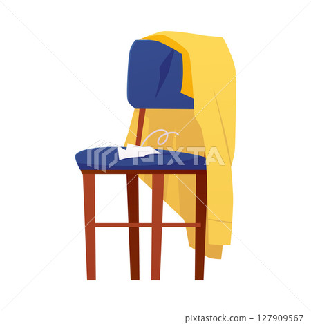 Wooden chair with torn seat vector flat icon, retro blue home or office seat furniture with with hanging yellow jacket 127909567