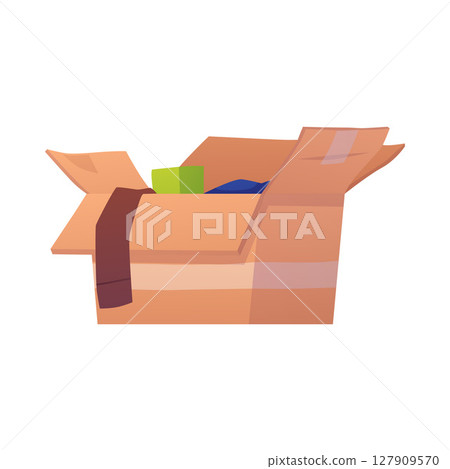 Cardboard box with with old things vector flat illustration, cartoon stuff basement storage carton package isolated 127909570