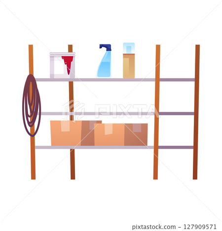 Cupboard, cabinet with stuff, vector flat icon, steel shelves, basement, garage storage or warehouse closet furniture 127909571