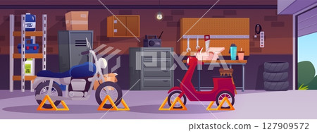 Garage interior with motorcycle and moped, storage room with auto and repair equipment vector cartoon illustration 127909572