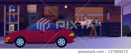 Garage interior with car at night, storage room with auto and repair equipment vector flat cartoon illustration Garage interior with car at night, storage room with auto and repair equipment vector flat cartoon illustration 127909573