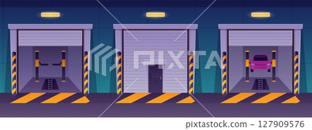 Car repair garage vector interior, three cabins with a lifting mechanism and an inspection pit for maintenance service 127909576