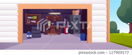 Garage interior, storage room with auto and repair equipment, jerrican, tires, tools, boxes vector cartoon illustration 127909577
