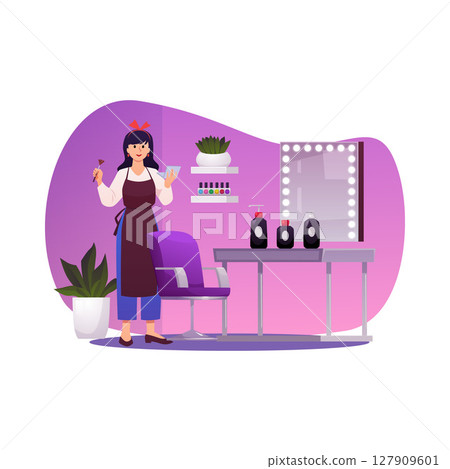 Make-up artist, stylist working in Beauty salon vector flat illustration, cartoon fashion service studio pink interior Make-up artist, stylist working in Beauty salon vector flat illustration, cartoon fashion service studio pink interior 127909601