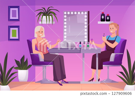 Manicurist working with client in Nail salon, stylists doing gel polish coating for woman, vector flat Beauty salon 127909606