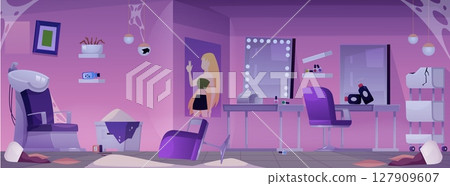 Abandoned beauty salon, damage fashion studio pink interior, destroyed nail and hairdressing service vector illustration Abandoned beauty salon, damage fashion studio pink interior, destroyed nail and hairdressing service vector illustration 127909607