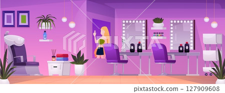 Beauty salon, stylish studio pink interior, fashion service, nail and hairdressing salon vector flat illustration 127909608