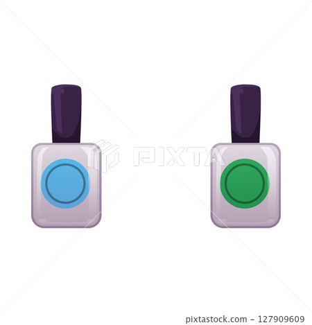 Nail polish vials blue and green colors, decorative cosmetic bottles vector flat illustration isolated, beauty accessory 127909609