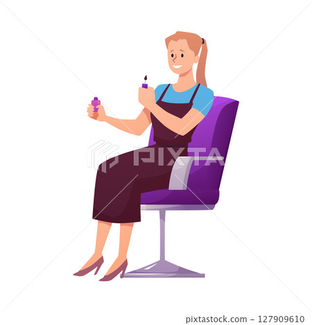 Manicurist in apron with nail polish, beauty nail salon, vector flat illustration isolated, cartoon fashion service 127909610