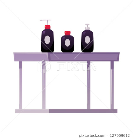 Bottles and dispenser on the table, shampoo, hair gel, lotion, vector flat decorative and spa cosmetics packages 127909612
