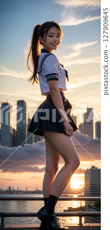 Sunset and beautiful girl 127909645