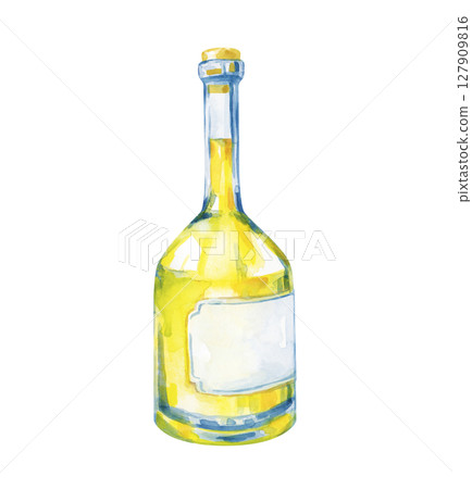 Watercolor illustration of a Limoncello bottle, hand-drawn on a white background. A template with alcoholic citrus liqueur. Isolated. Clipart. 127909816