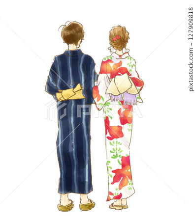 穿著浴衣的男人和女人的水彩插圖 127909818