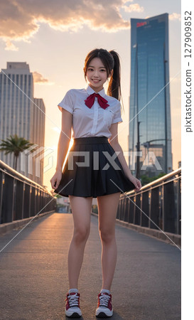 Sunset and high school girl Sunset and high school girl 127909852